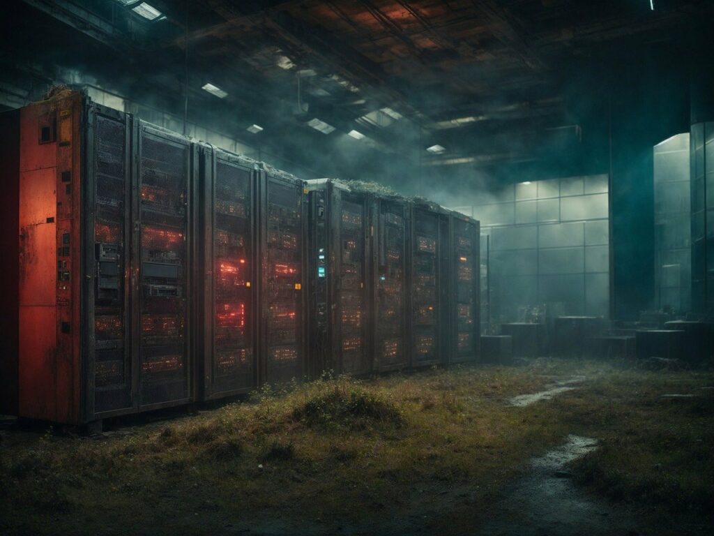 Old servers in an overgrown dark room