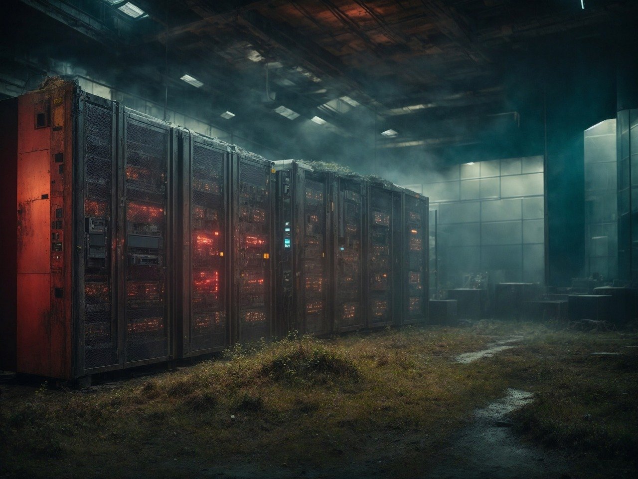 Old servers in an overgrown dark room