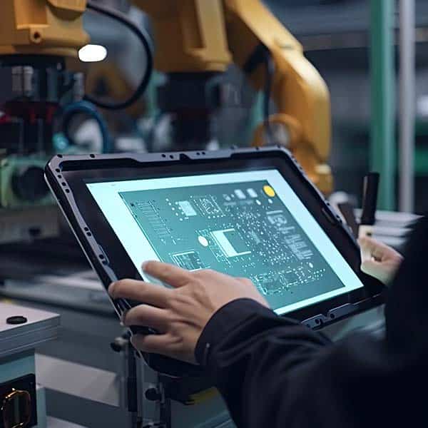 Hands interacting with schematics on a tablet