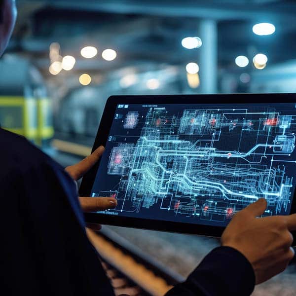 Person interacting with schematics on a tablet