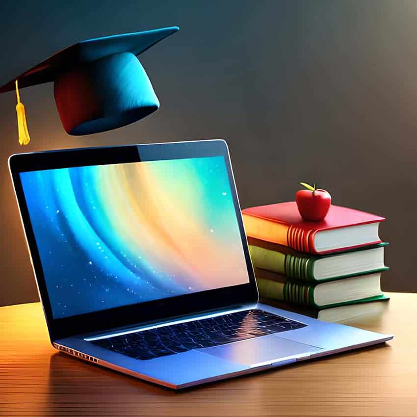 Laptop next to books and an academic cap